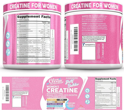 Creatine for Women | Creatine Monohydrate + BCAA Powder Myo-Inositol Collagen Biotin Hyaluronic Acid Folate L Glutamine Vitamin D3 Iron Zinc D-Chiro-Maca Digestion Shelf Builder by Clean Nutra